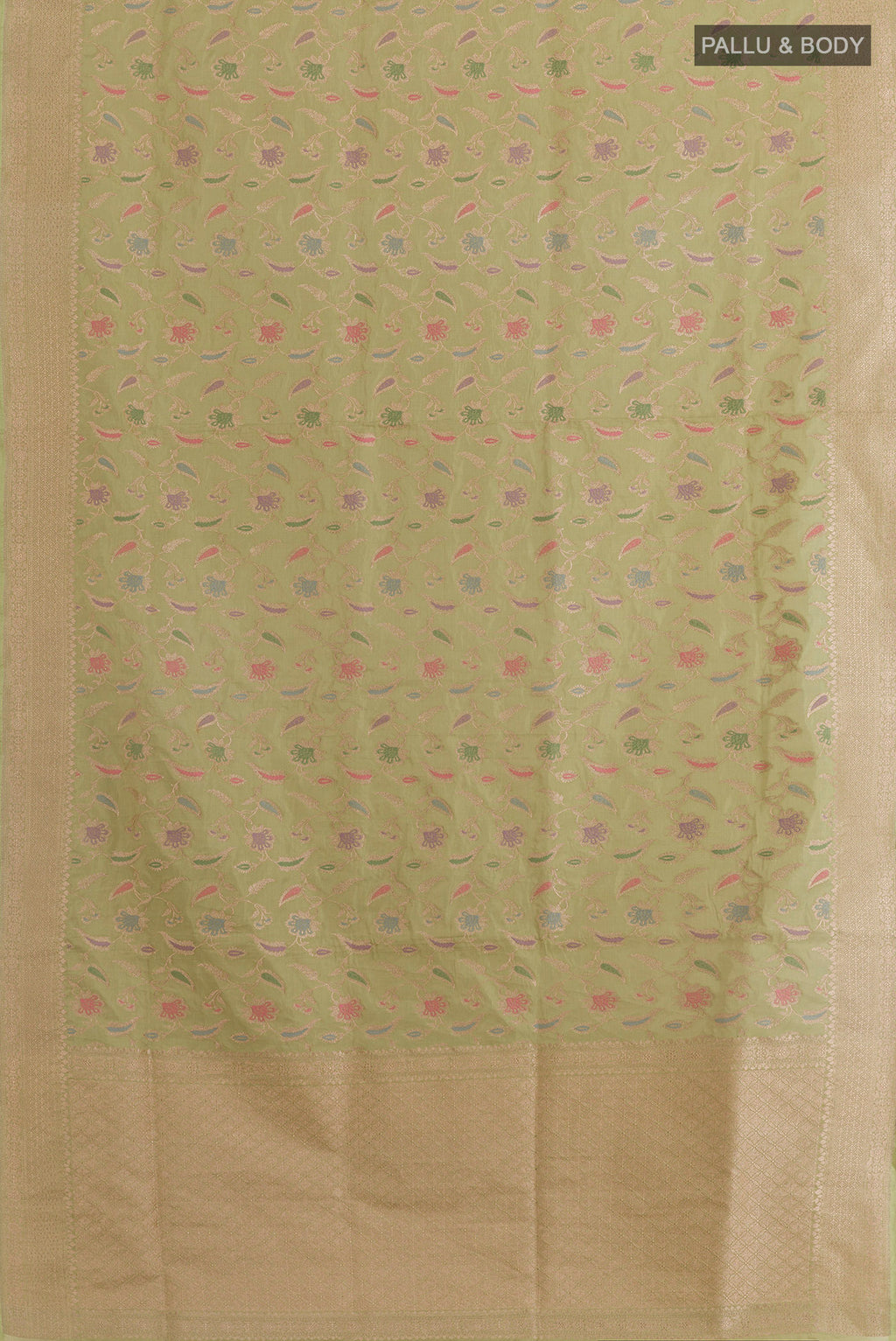 Flat view of Pure Silk Beige Banarasi Saree with Zari Brocade on the body and Zari Border. 