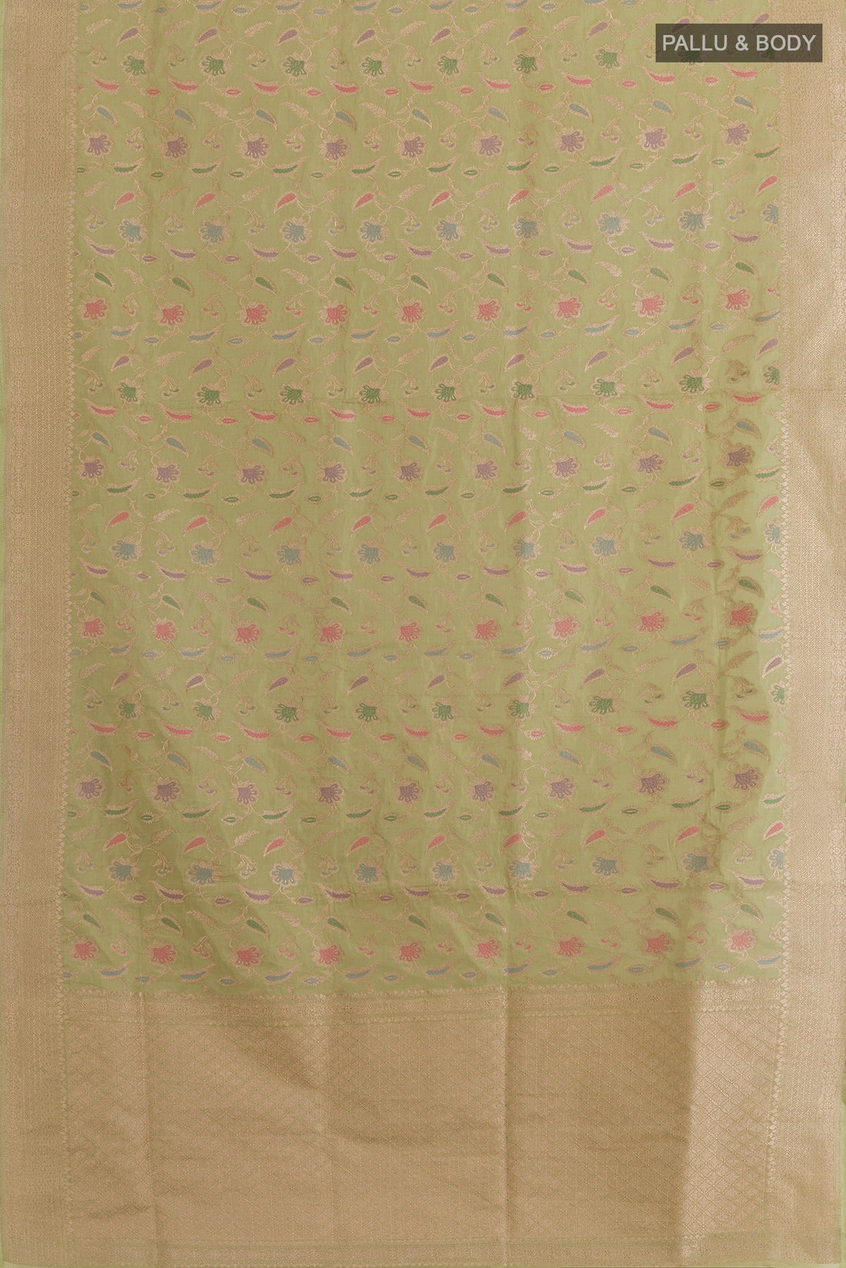 Flat view of Pure Silk Beige Banarasi Saree with Zari Brocade on the body and Zari Border. 