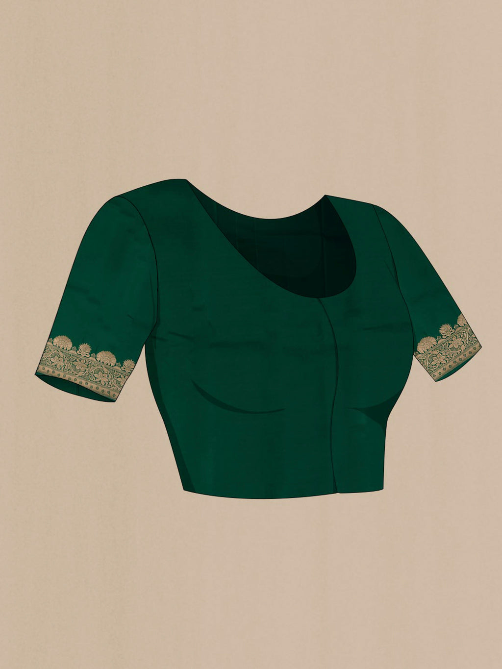 Close up image of the blouse of Bottle Green Banarasi Silk Saree with Zari Butta on the body and Zari Border. 