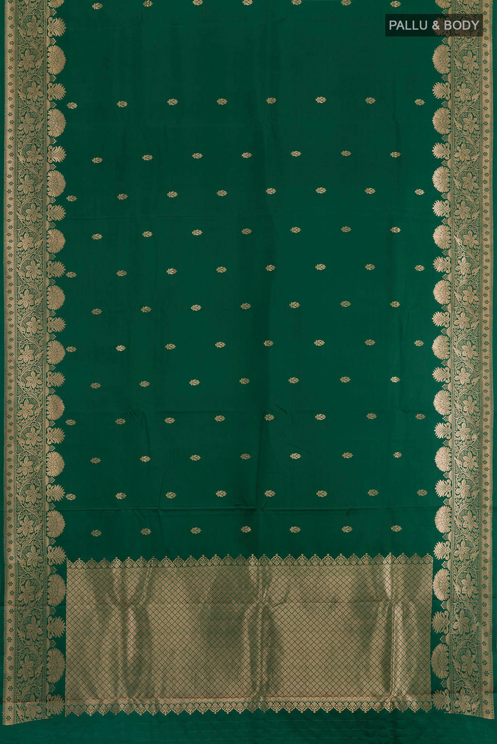 Flat view of Bottle Green Banarasi Silk Saree with Zari Butta on the body and Zari Border. 