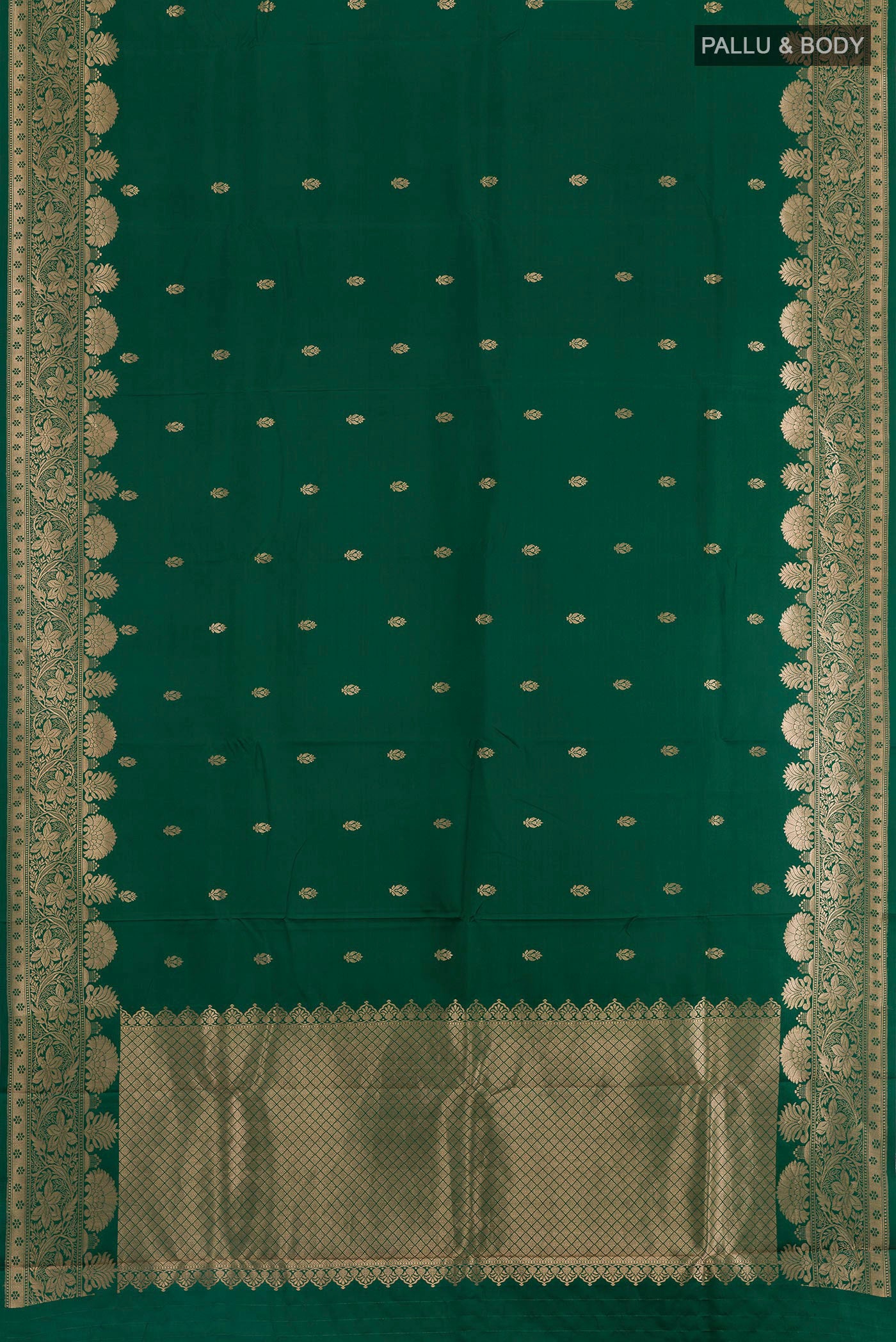 Flat view of Bottle Green Banarasi Silk Saree with Zari Butta on the body and Zari Border. 