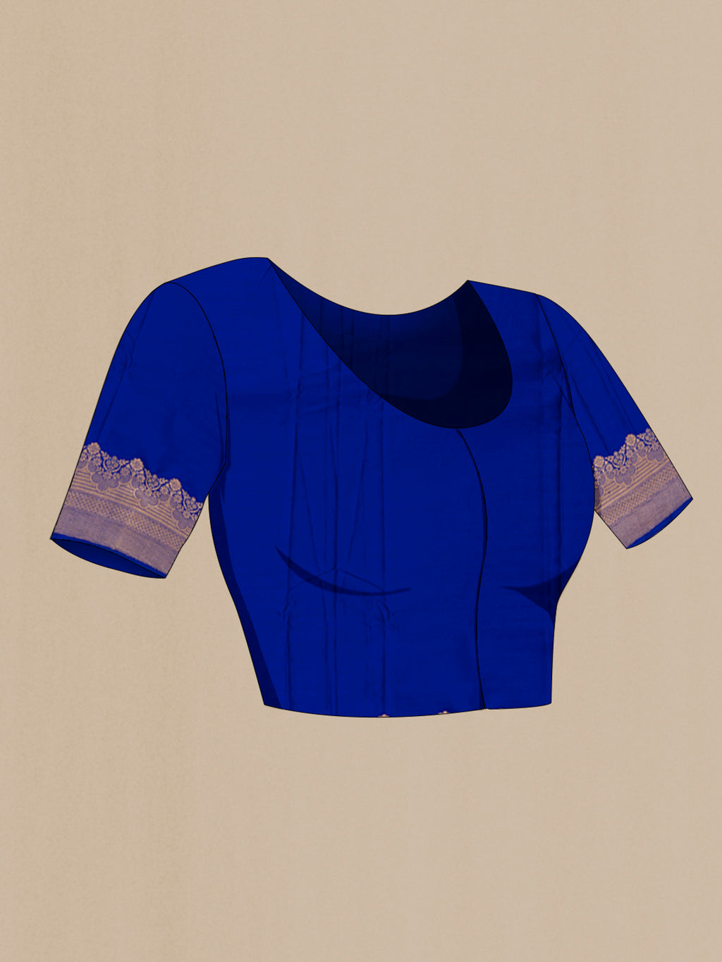 Close up image of the blouse of Royal Blue Banarasi Silk Saree with Zari Butta on the body and Zari Border. 