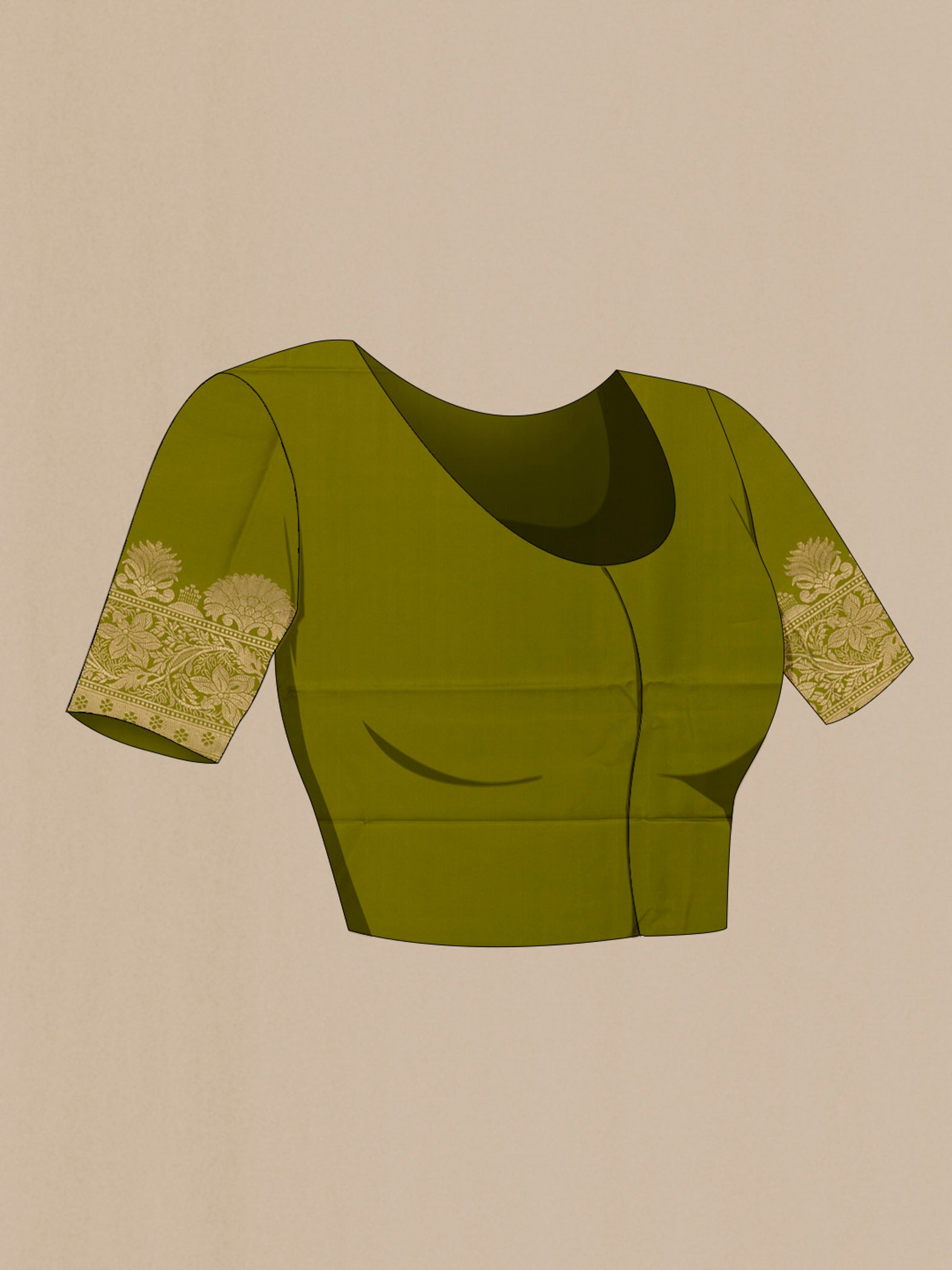 Close up image of the blouse of Mehandi Green Banarasi Katan Silk Saree with Zari Butta on the body and Zari Border. 