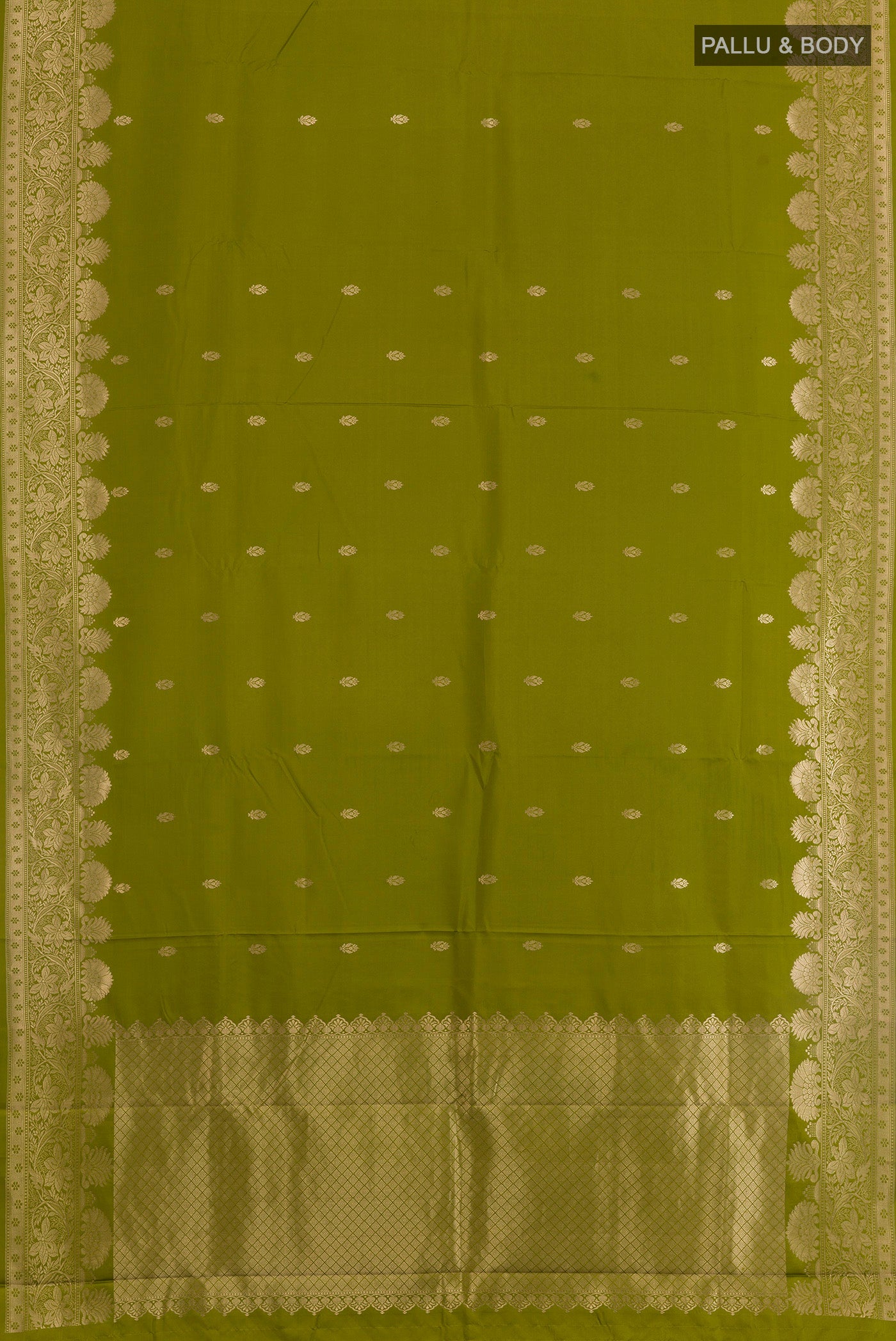 Flat view of Mehandi Green Banarasi Katan Silk Saree with Zari Butta on the body and Zari Border. 