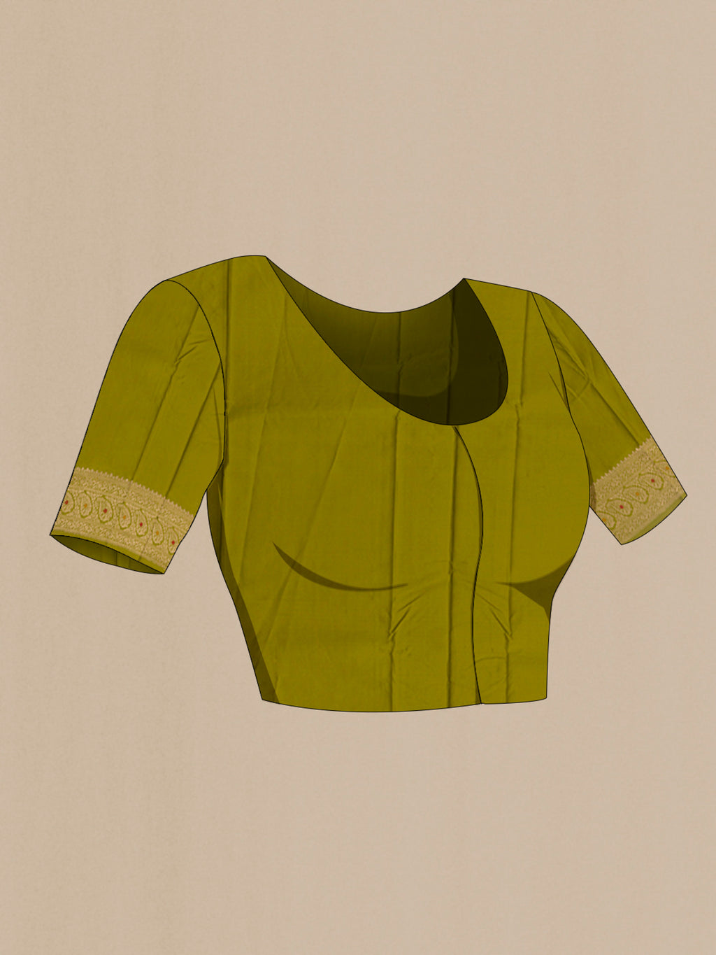 Close up image of the blouse of Mehandi Green Banarasi Silk Saree with Zari Butta on the body and Zari Border. 