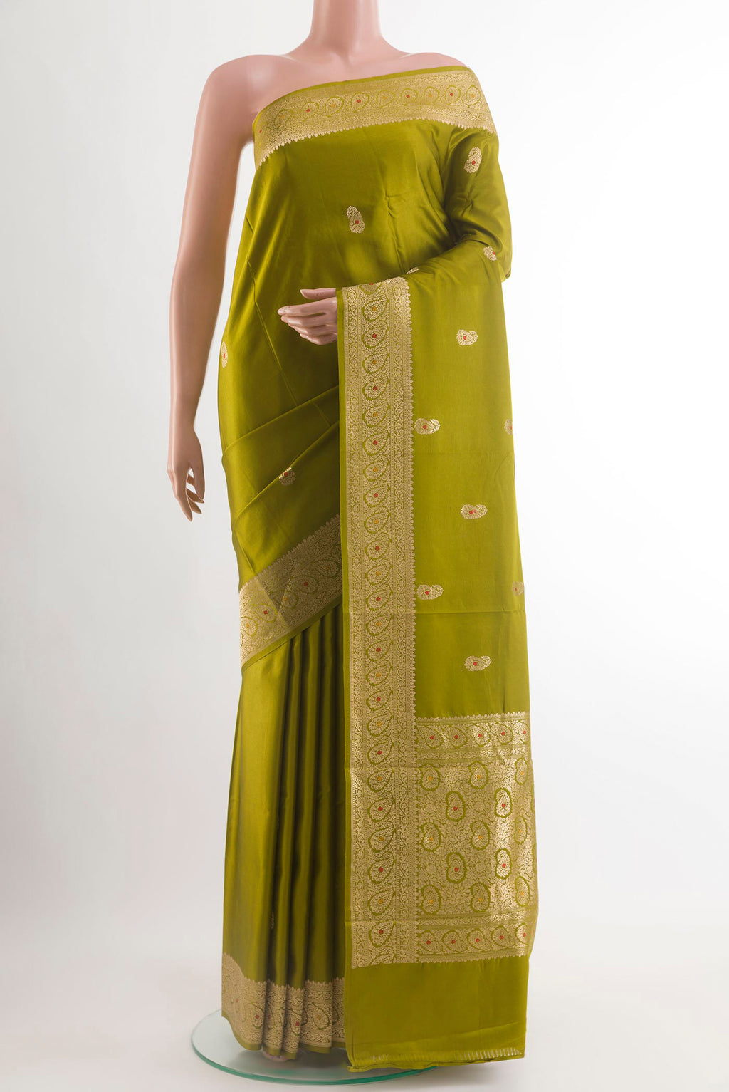 Mehandi Green Banarasi Silk Saree with Zari Butta on the body and Zari Border.  displayed on a mannequin