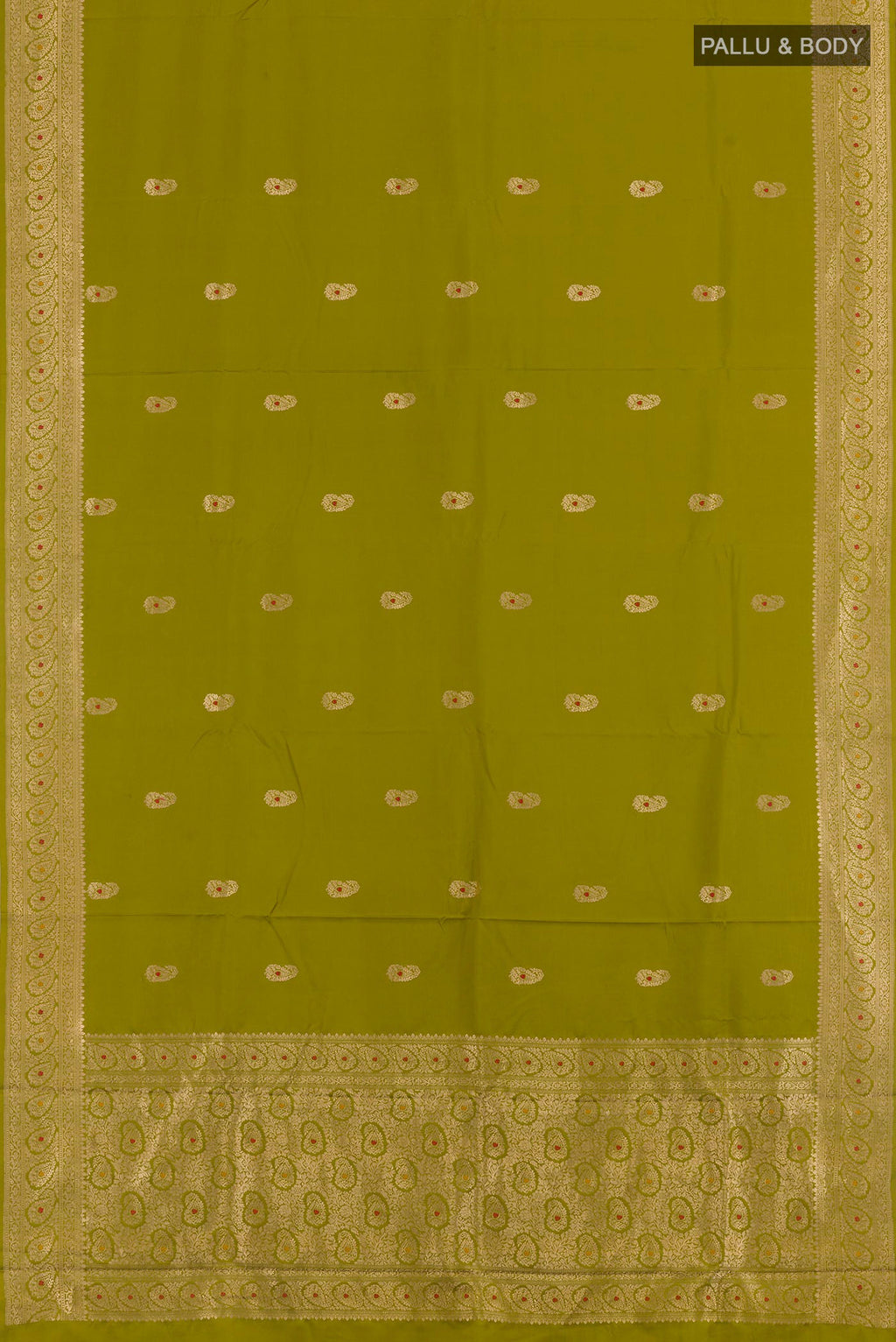 Flat view of Mehandi Green Banarasi Silk Saree with Zari Butta on the body and Zari Border. 