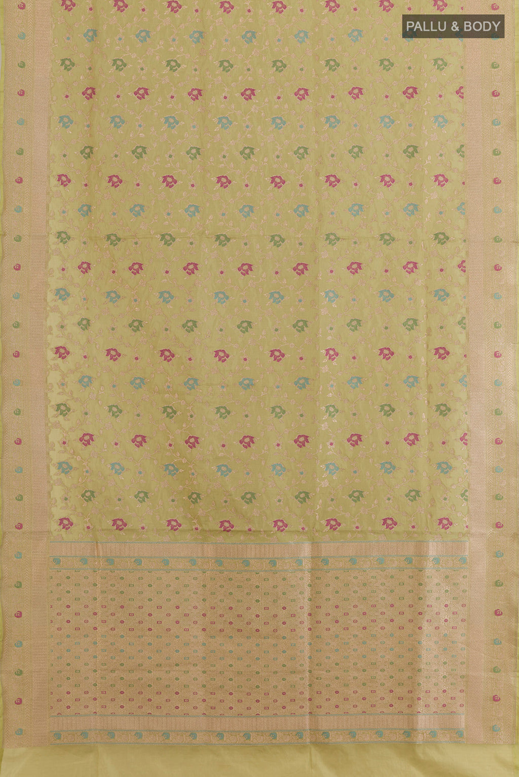 Flat view of Light Green Banarasi Silk Saree with Zari Brocade on the body and Zari Border. 