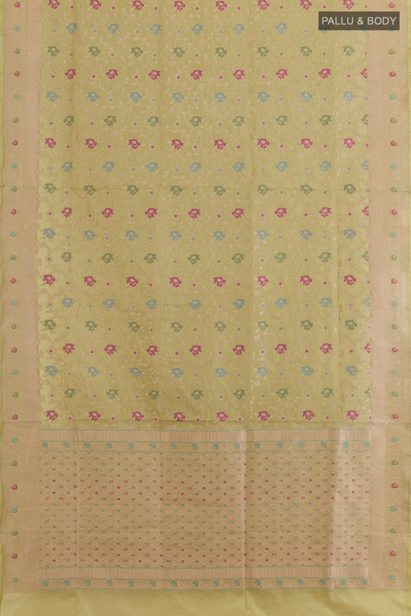 Flat view of Light Green Banarasi Silk Saree with Zari Brocade on the body and Zari Border. 