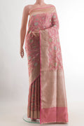 Pink Banarasi Tissue Silk Saree with Zari Brocade on the body and Zari Border.  displayed on a mannequin