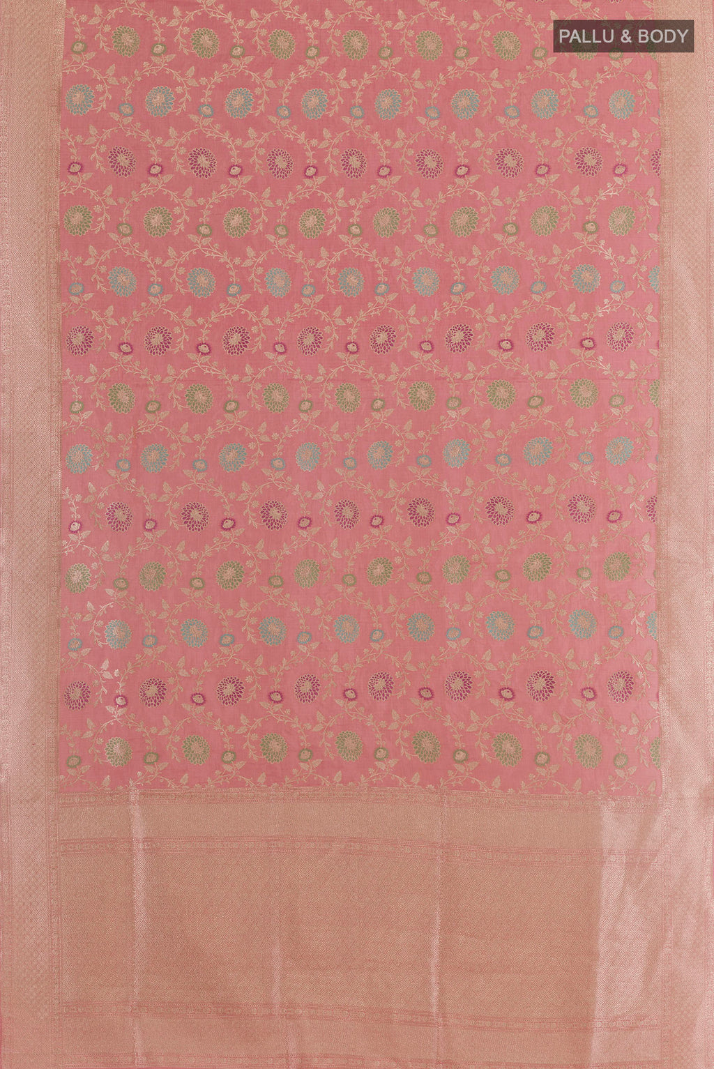Flat view of Pink Banarasi Tissue Silk Saree with Zari Brocade on the body and Zari Border. 