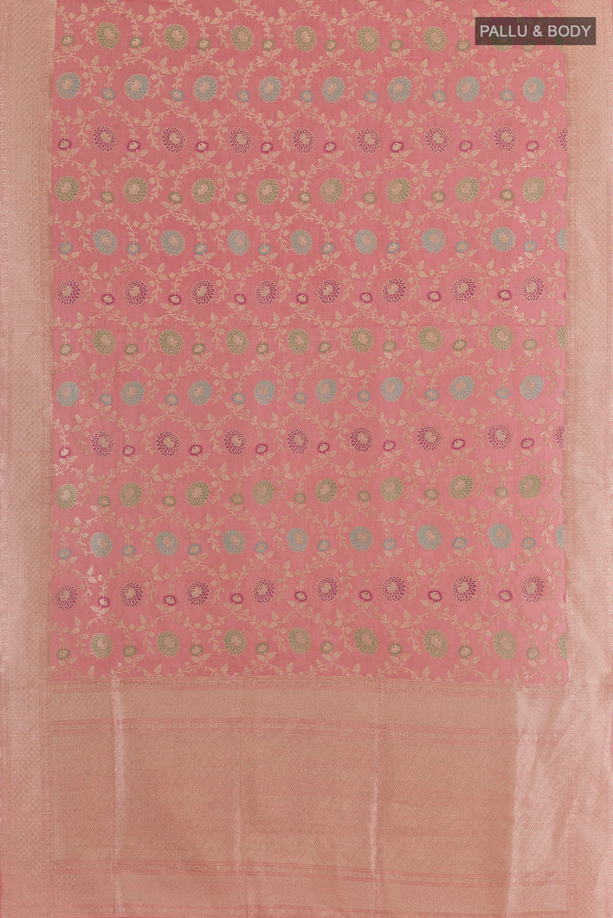 Flat view of Pink Banarasi Tissue Silk Saree with Zari Brocade on the body and Zari Border. 