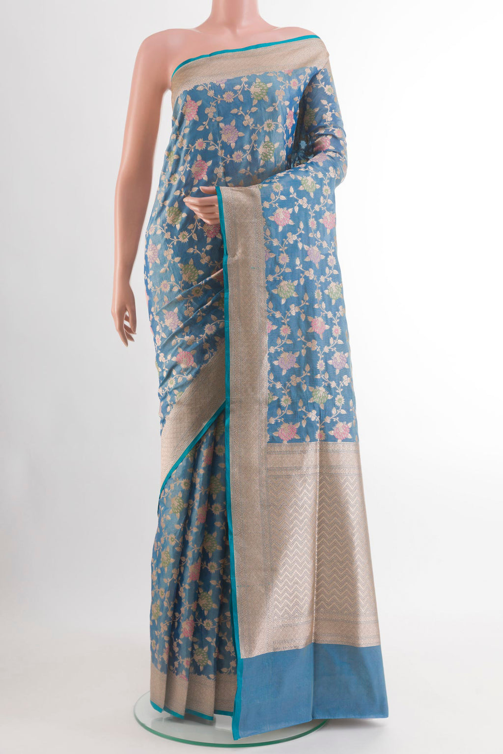 Blue Banarasi Silk Saree with Zari Brocade on the body and Zari Border.  displayed on a mannequin
