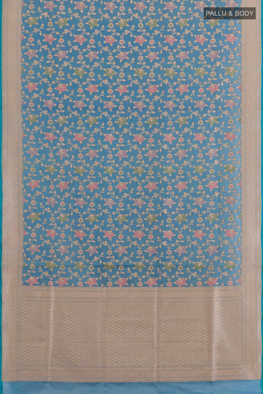 Flat view of Blue Banarasi Silk Saree with Zari Brocade on the body and Zari Border. 