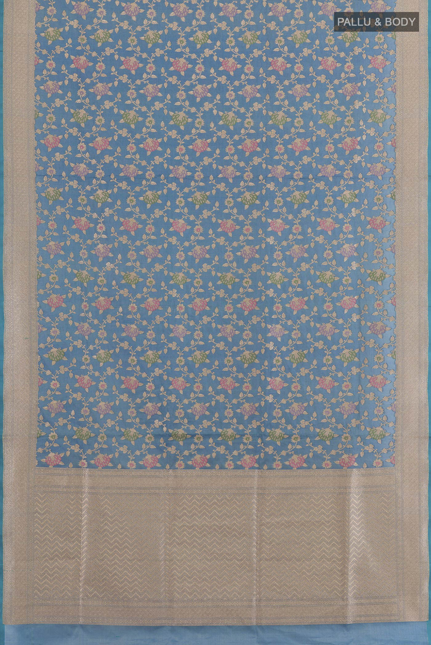 Flat view of Blue Banarasi Silk Saree with Zari Brocade on the body and Zari Border. 