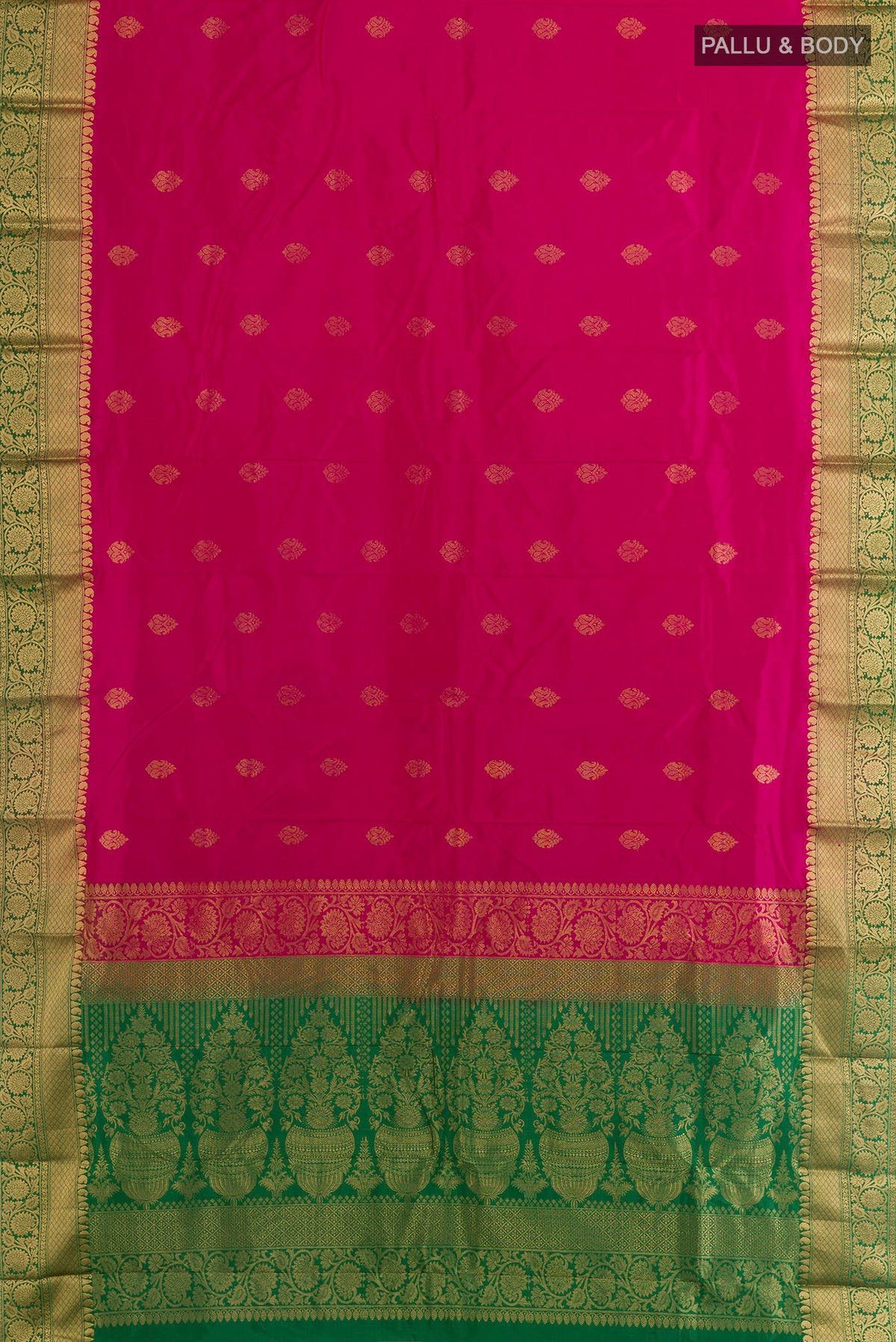 Flat view of Pure Silk Pink Kanjivaram Saree with Zari Butta on the body and Zari Border. 
