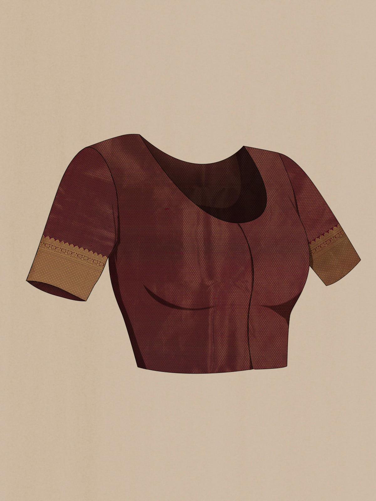 Close up image of the blouse of Pure Silk Purple Kanchipuram Saree with Zari Brocade on the body and Zari Border. 