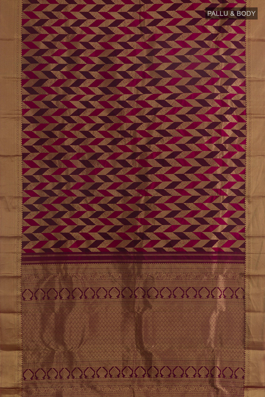 Flat view of Pure Silk Purple Kanchipuram Saree with Zari Brocade on the body and Zari Border. 