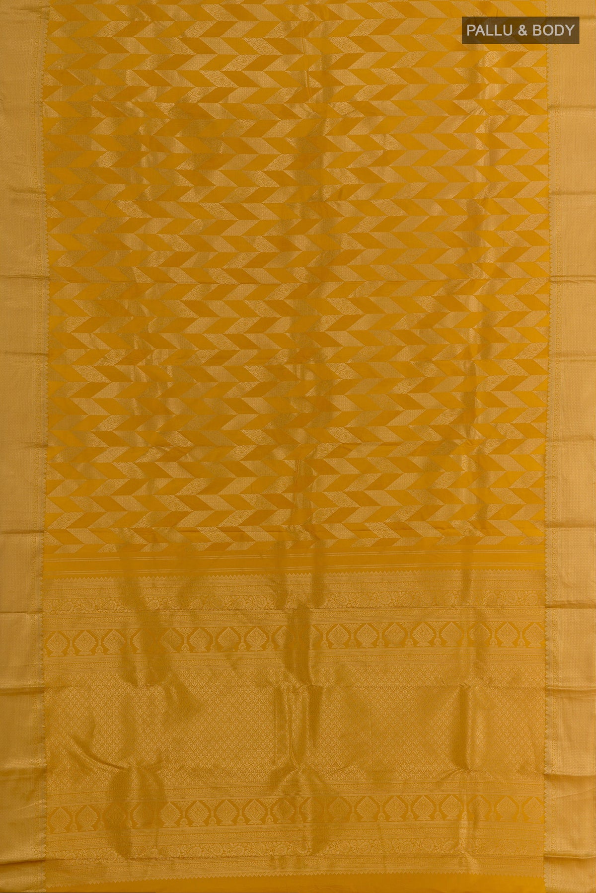 Flat view of Pure Silk Mustard Kanchipuram Saree with Zari Brocade on the body and Zari Border. 