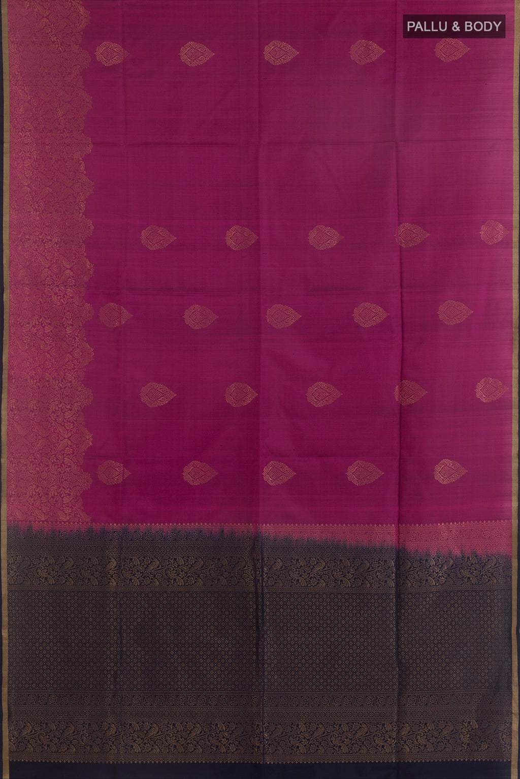 Flat view of Pure Silk Light Magenta Soft Saree with Zari Butta on the body and Zari Border. 
