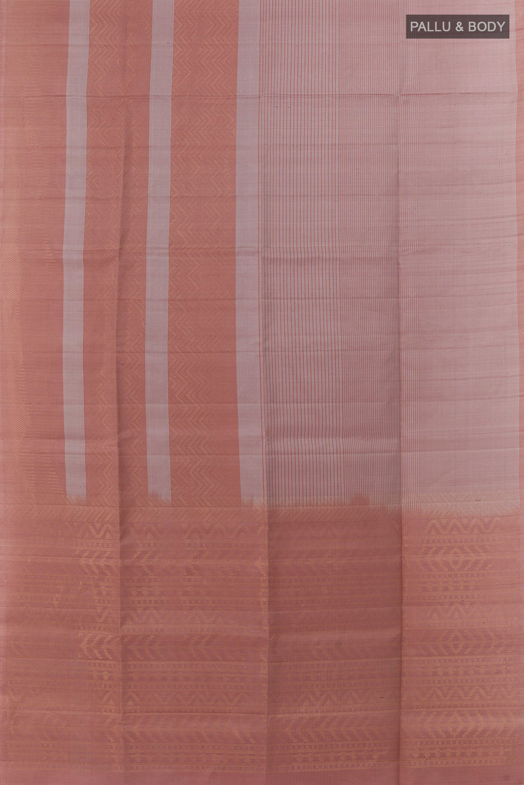 Flat view of Rose Gold Soft Silk Saree with Stripes on the body and Without Border. 