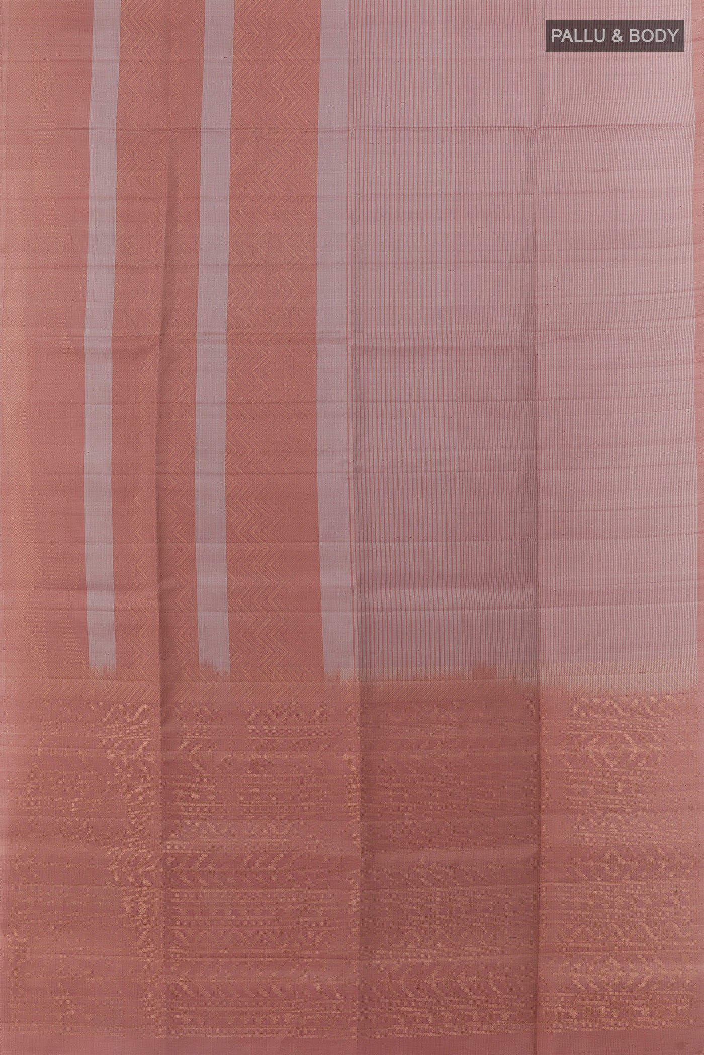 Flat view of Rose Gold Soft Silk Saree with Stripes on the body and Without Border. 