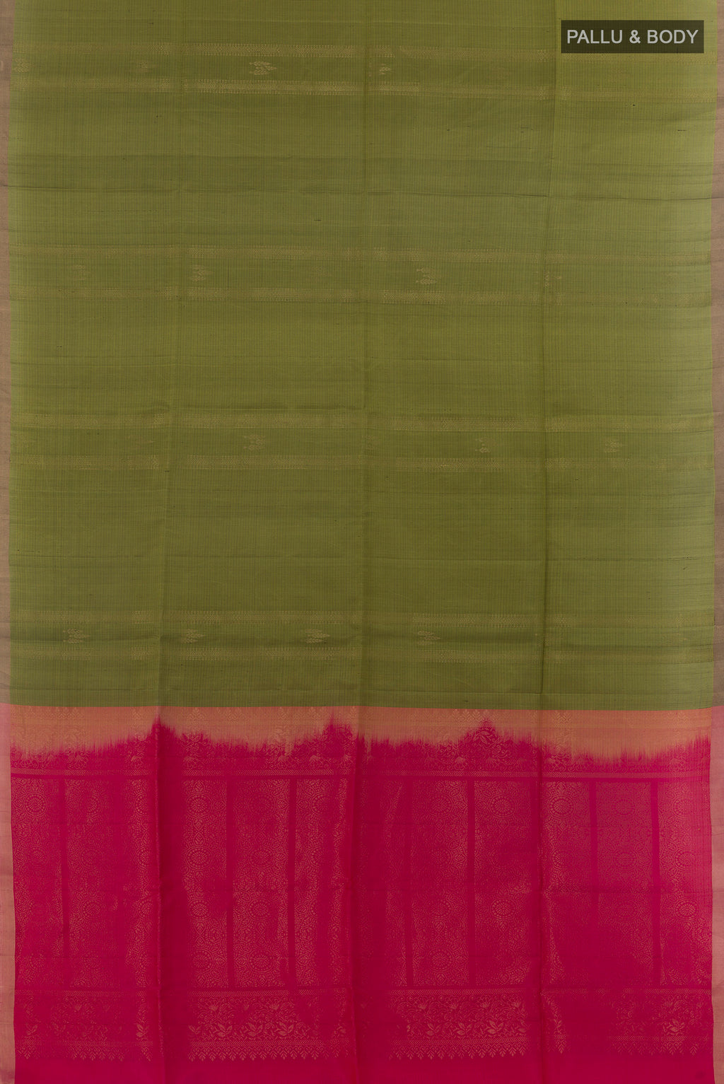 Flat view of Mehandi Green Soft Silk Saree with Zari Butta on the body and Zari Border. 