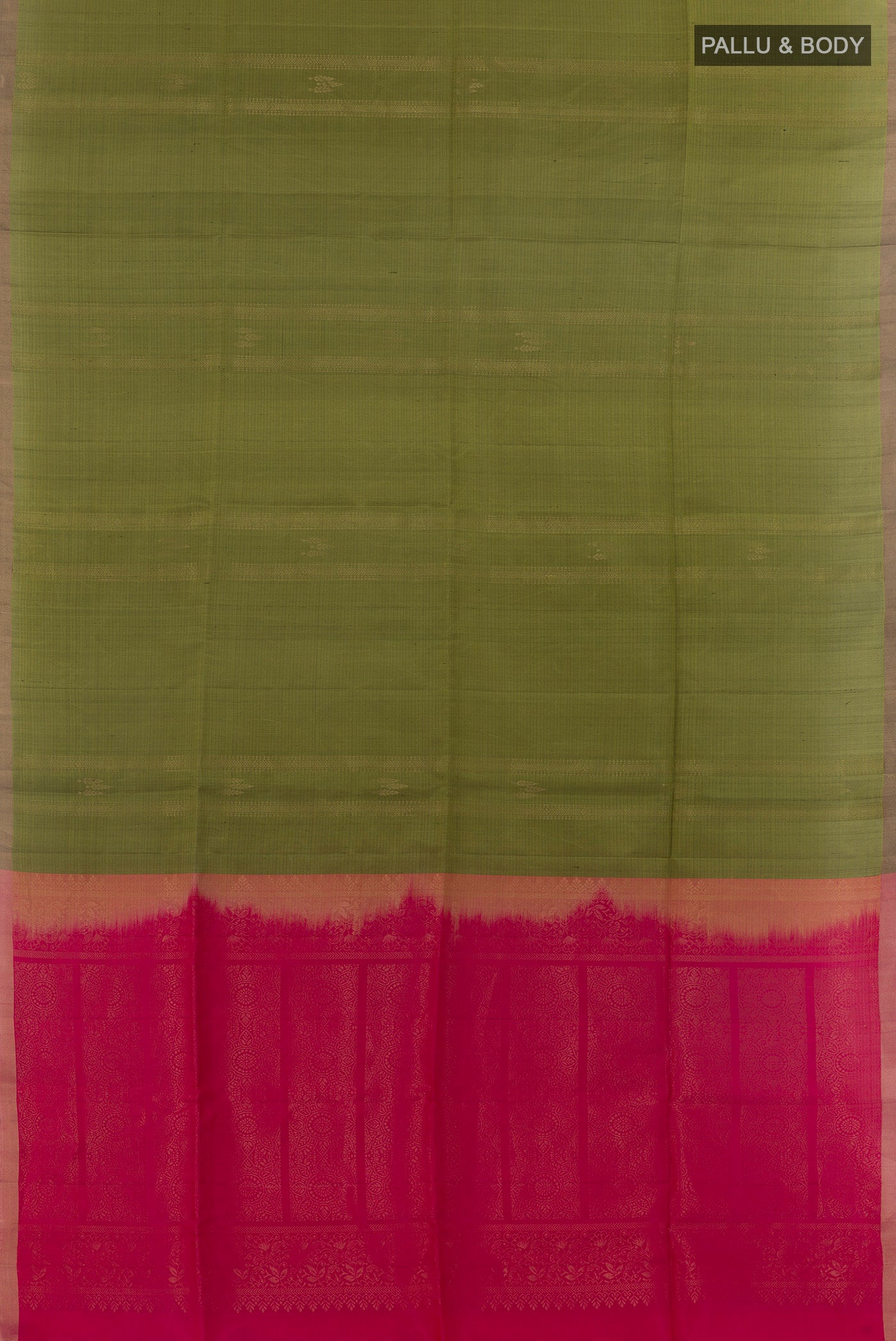 Flat view of Mehandi Green Soft Silk Saree with Zari Butta on the body and Zari Border. 