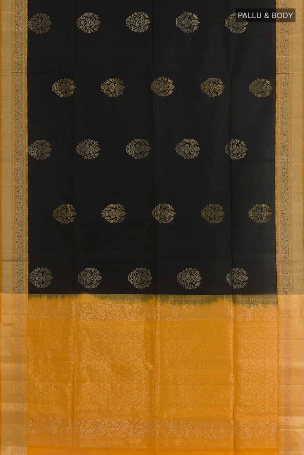 Flat view of Black Soft Silk Saree with Zari Butta on the body and Zari Border. 