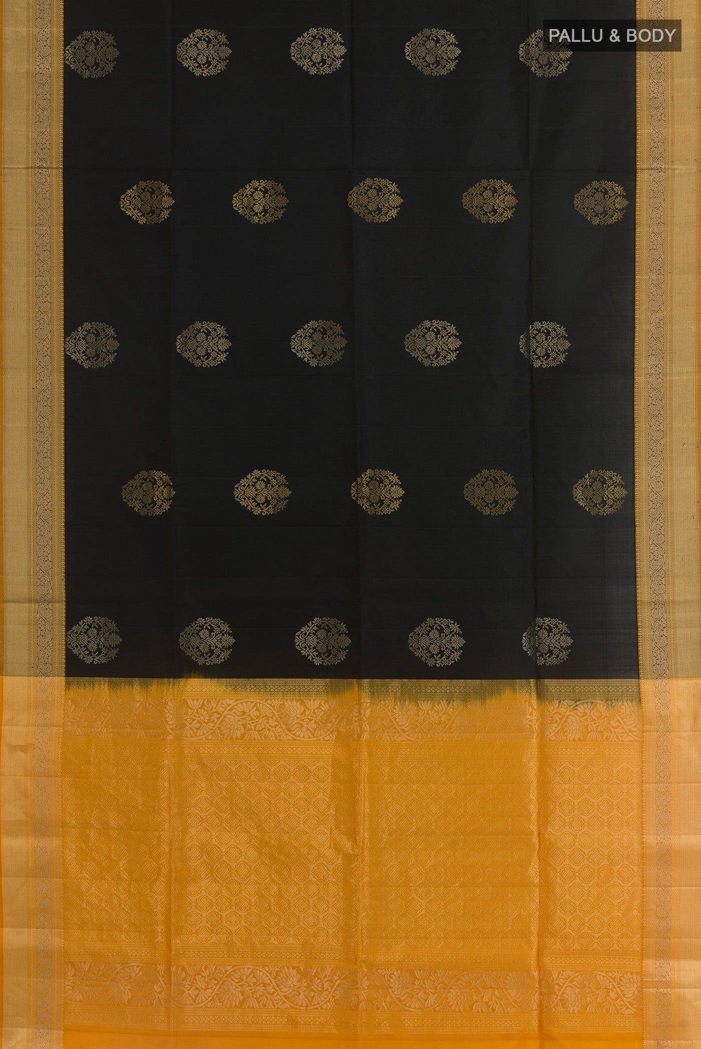 Flat view of Black Soft Silk Saree with Zari Butta on the body and Zari Border. 