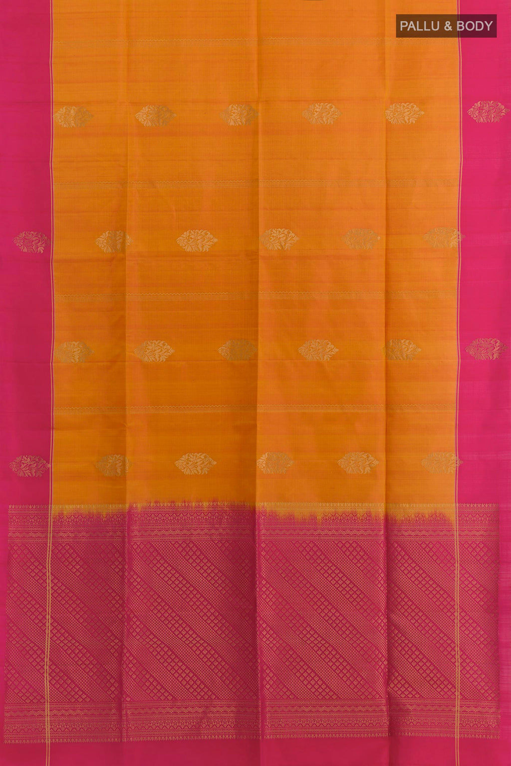 Flat view of Mustard Soft Silk Saree with Zari Butta on the body and Plain Border. 