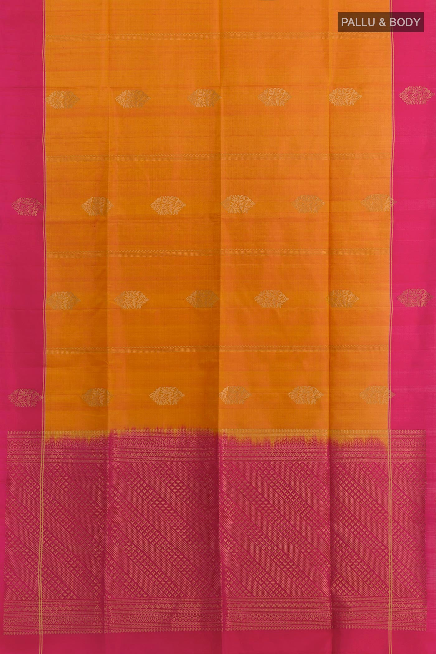 Flat view of Mustard Soft Silk Saree with Zari Butta on the body and Plain Border. 