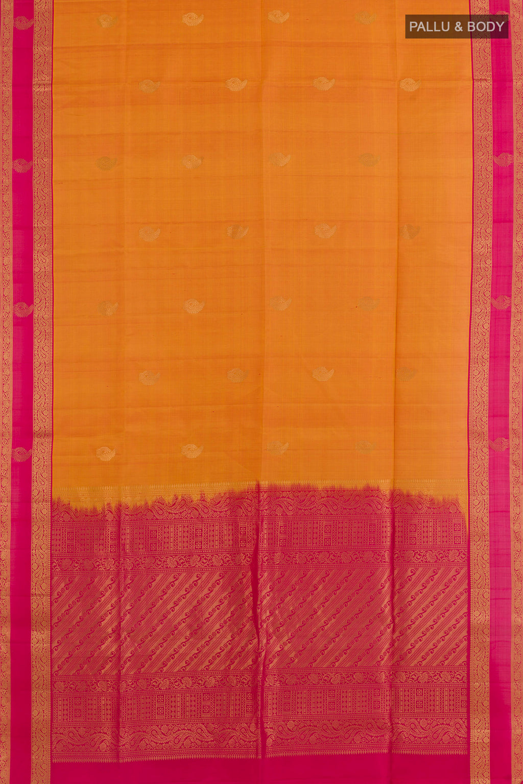 Flat view of Yellow Soft Silk Saree with Zari Butta on the body and Zari Border. 