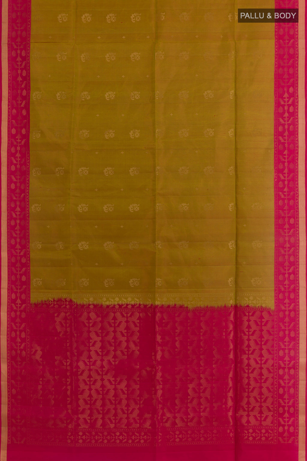 Flat view of Green Soft Silk Saree with Zari Butta on the body and Zari Border. 
