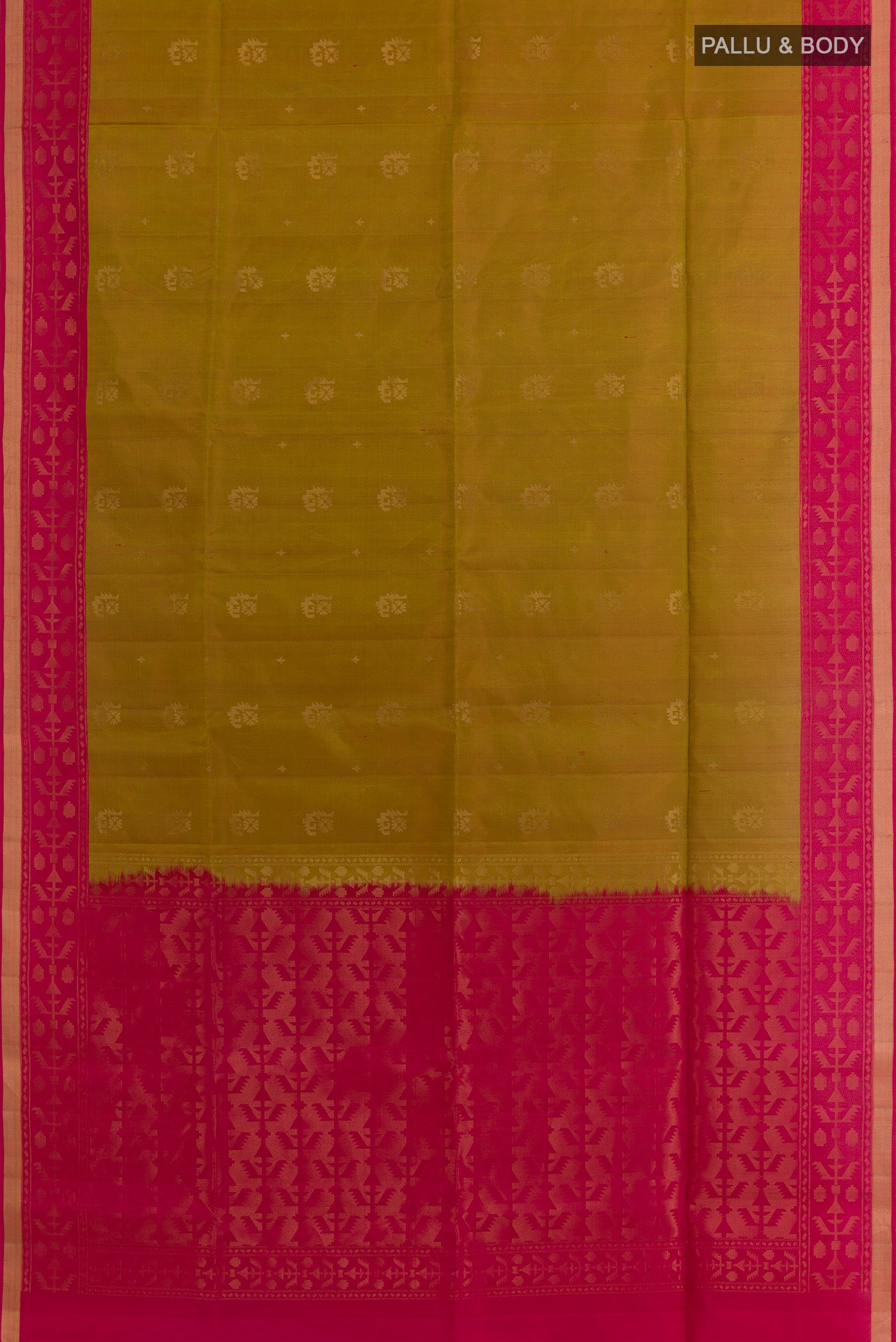 Flat view of Green Soft Silk Saree with Zari Butta on the body and Zari Border. 