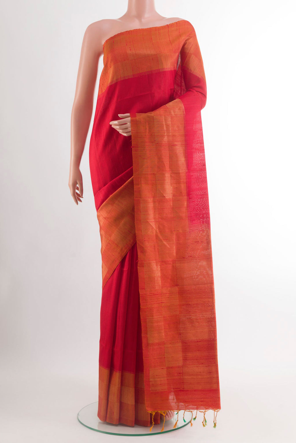 Red Soft Silk Saree with Plain Body and Zari Border.  displayed on a mannequin