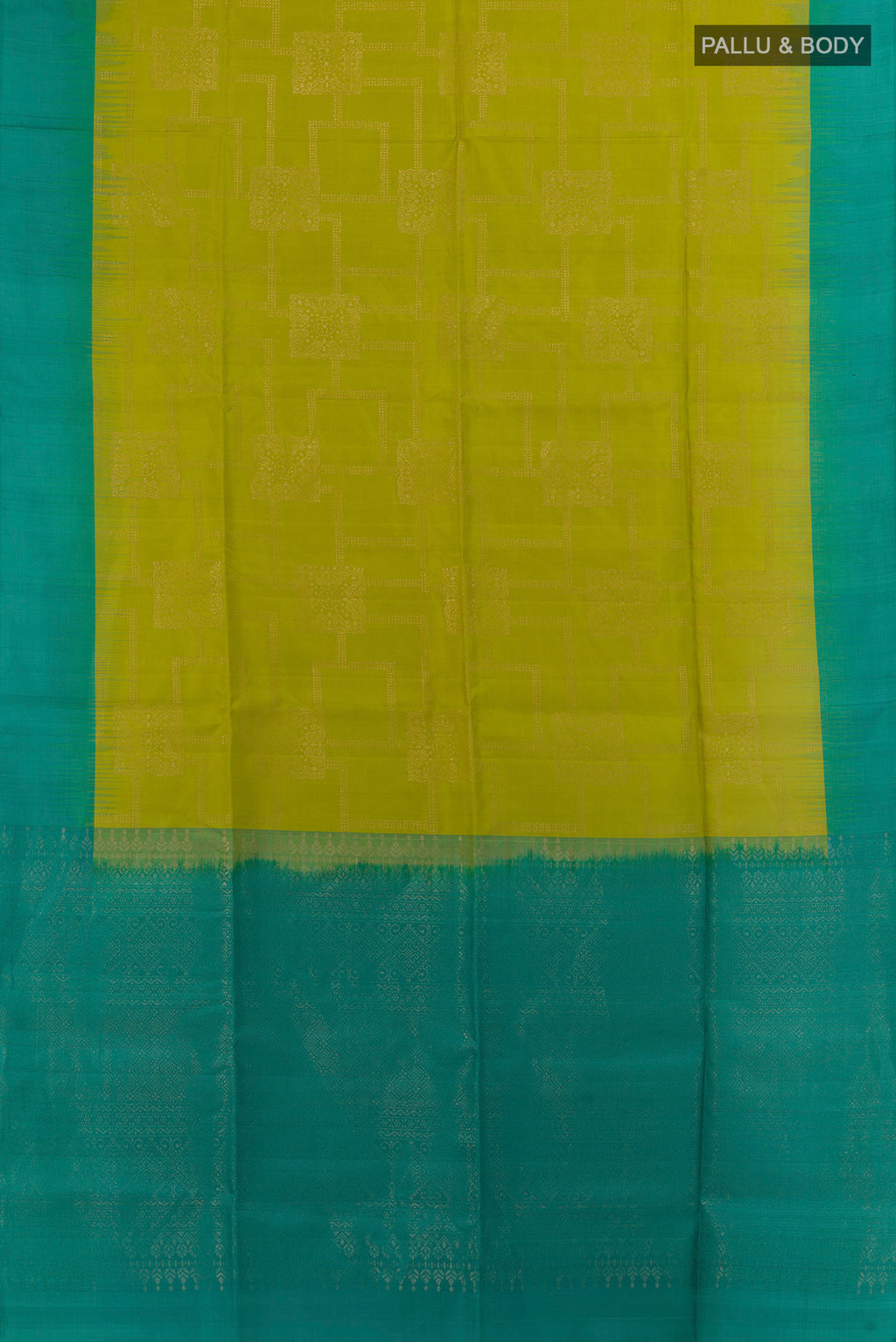 Flat view of Green Soft Silk Saree with Zari Butta on the body and Zari Border. 