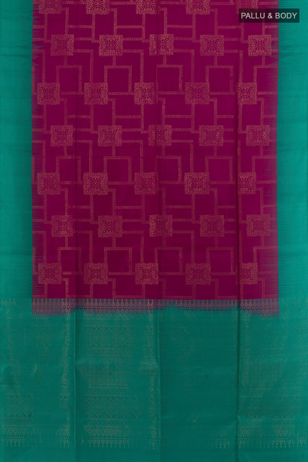 Flat view of Magenta Soft Silk Saree with Zari Butta on the body and Zari Border. 