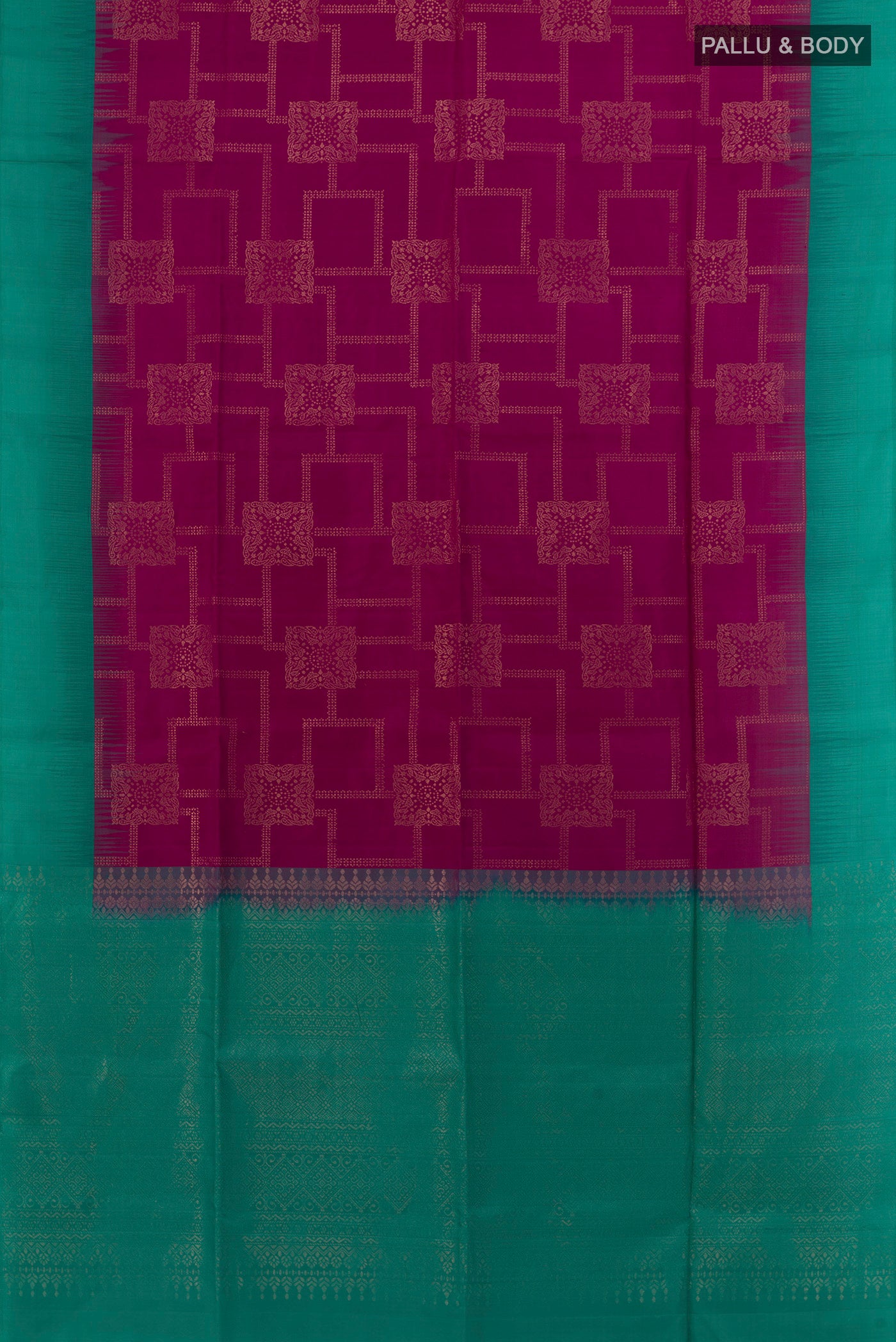 Flat view of Magenta Soft Silk Saree with Zari Butta on the body and Zari Border. 