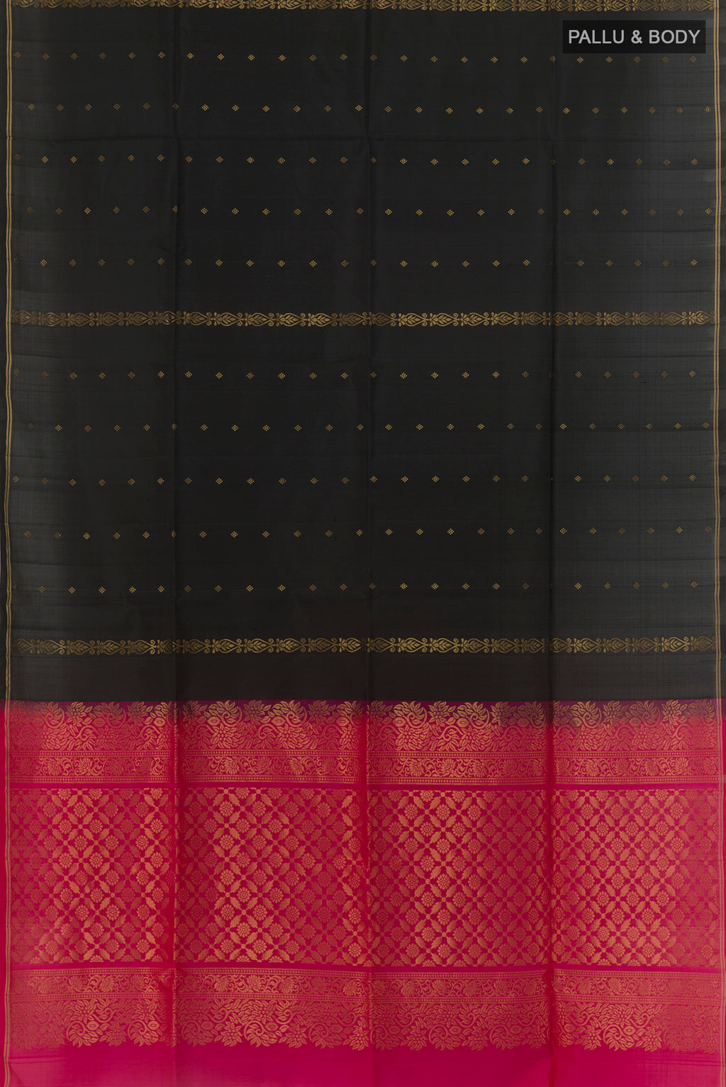 Flat view of Black Soft Silk Saree with Zari Butta on the body and Zari Border. 