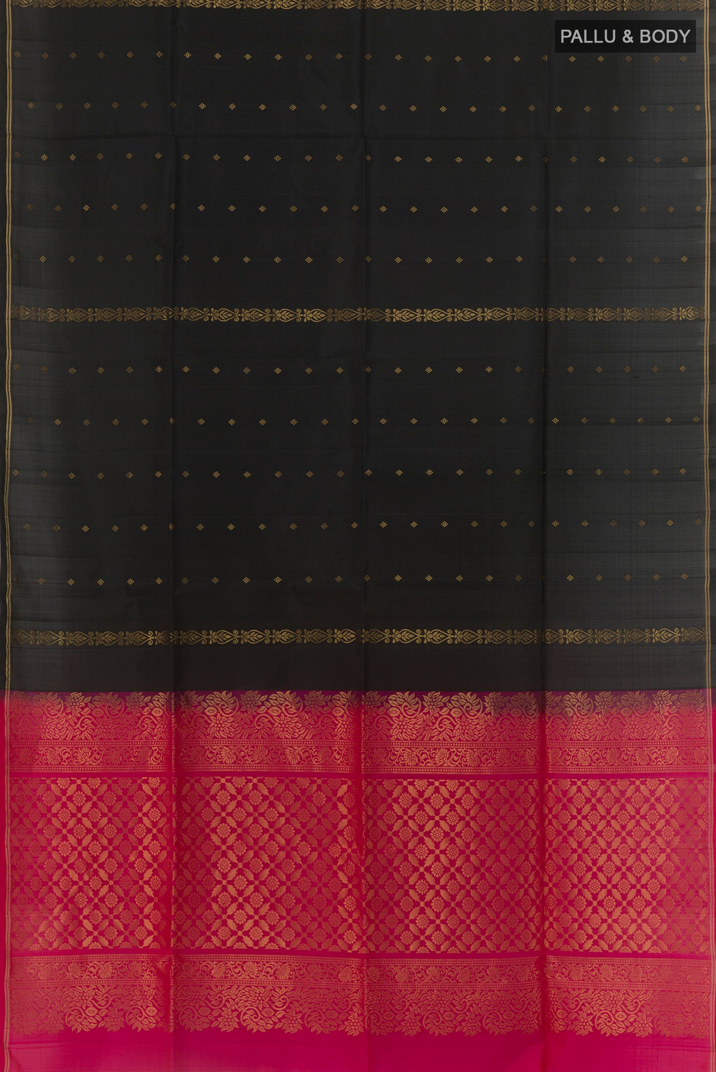 Flat view of Black Soft Silk Saree with Zari Butta on the body and Zari Border. 