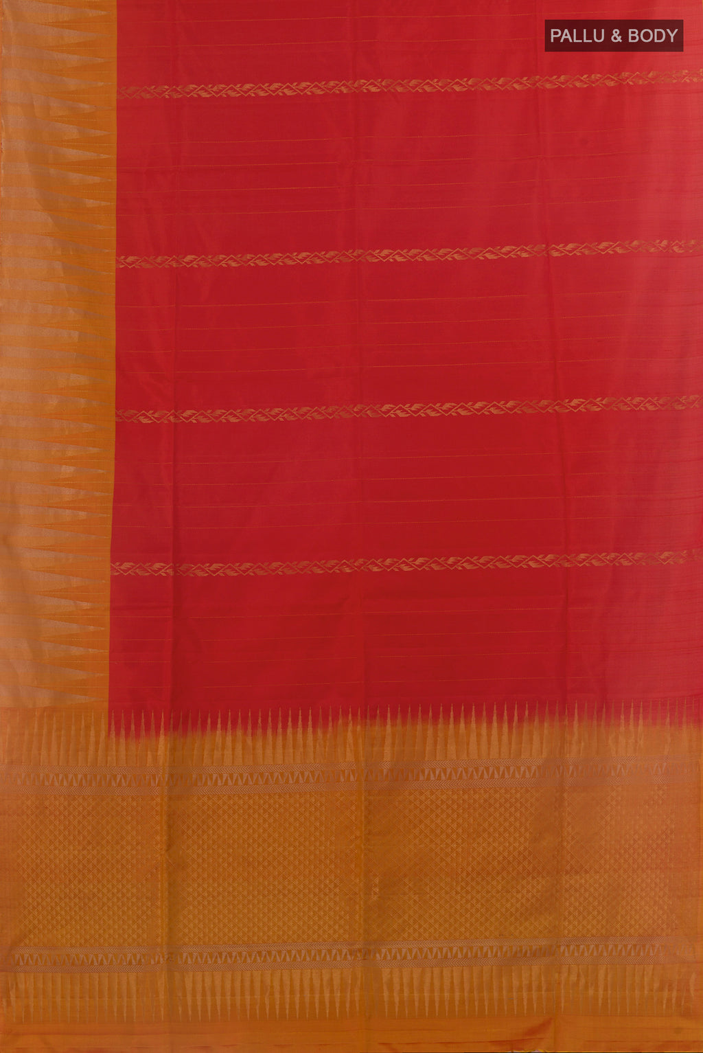 Flat view of Red Soft Silk Saree with Zari Butta on the body and Fancy Border. 