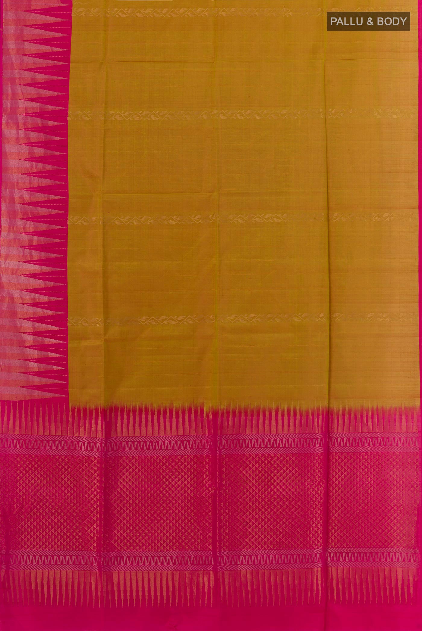 Flat view of Mustard Dual Tone Soft Silk Saree with Stripes on the body and Plain Border. 