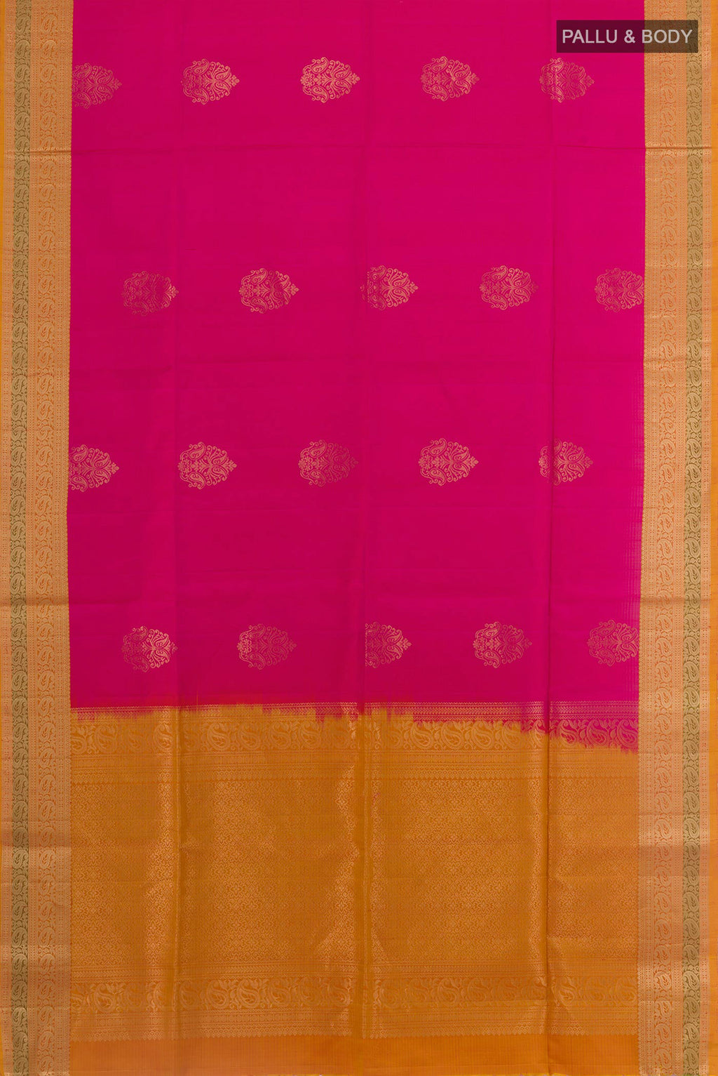 Flat view of Pink Soft Silk Saree with Zari Butta on the body and Zari Border. 