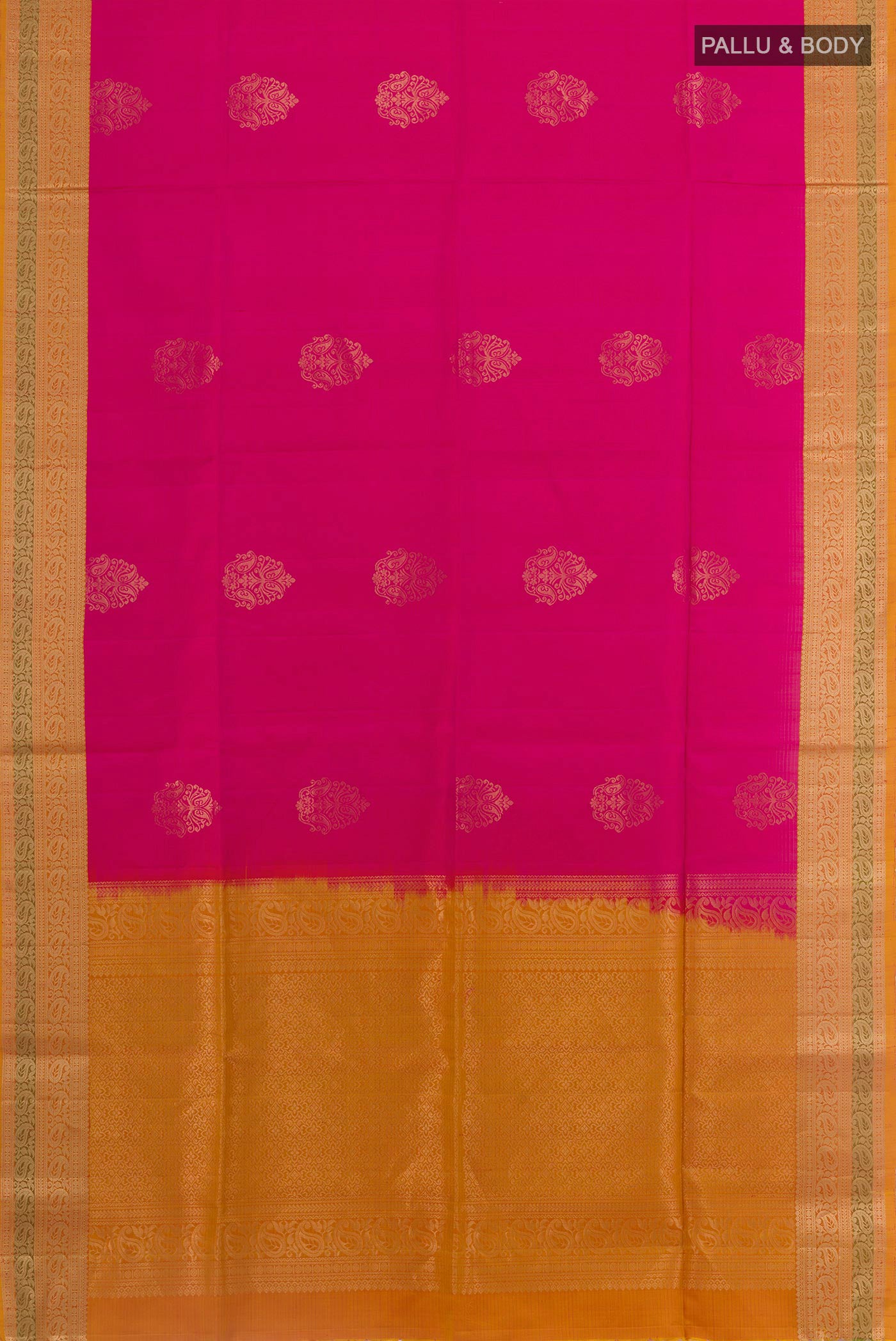 Flat view of Pink Soft Silk Saree with Zari Butta on the body and Zari Border. 