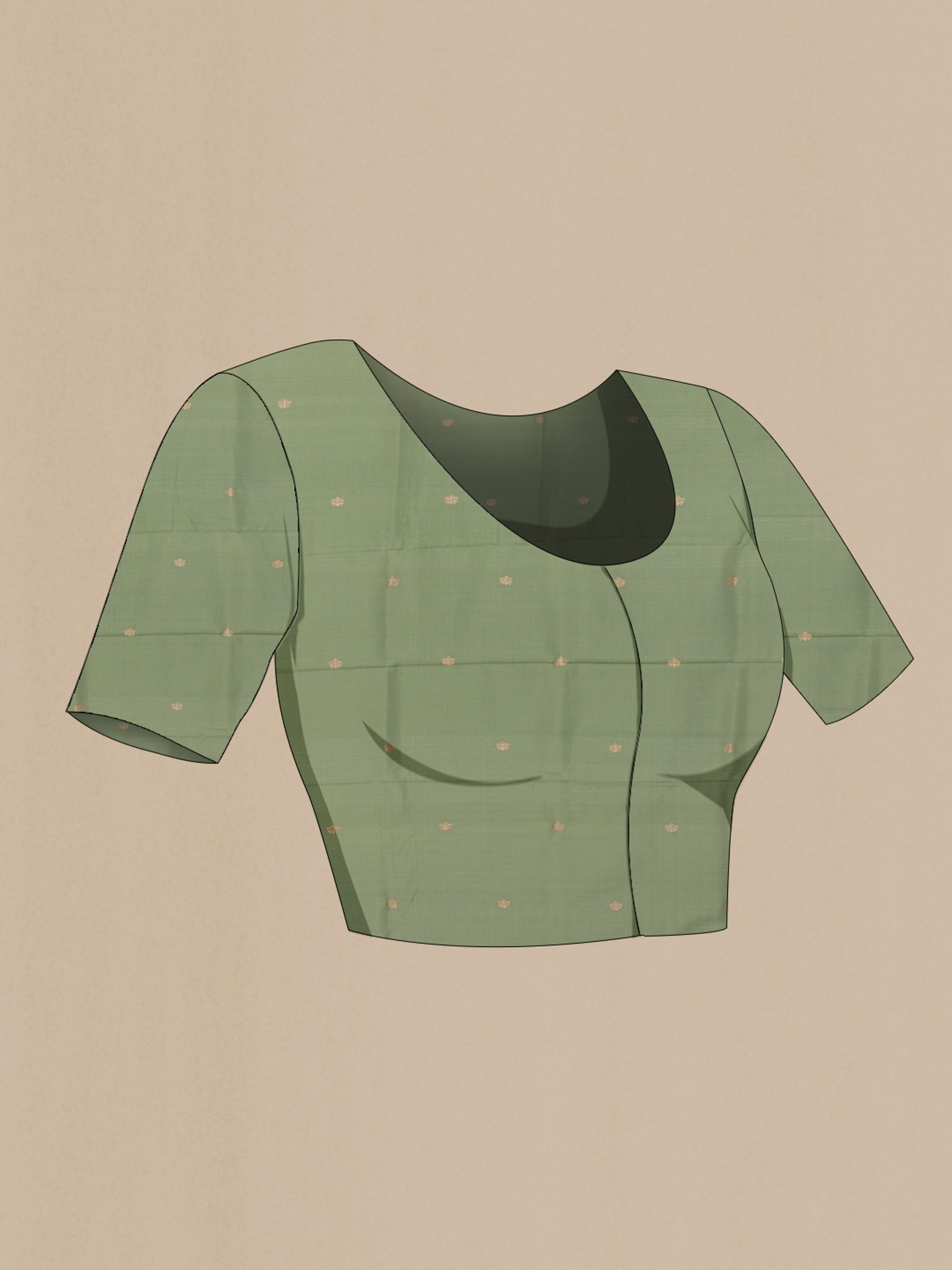 Close up image of the blouse of Sage Green Banarasi Silk Saree with Plain Body and Zari Border. 