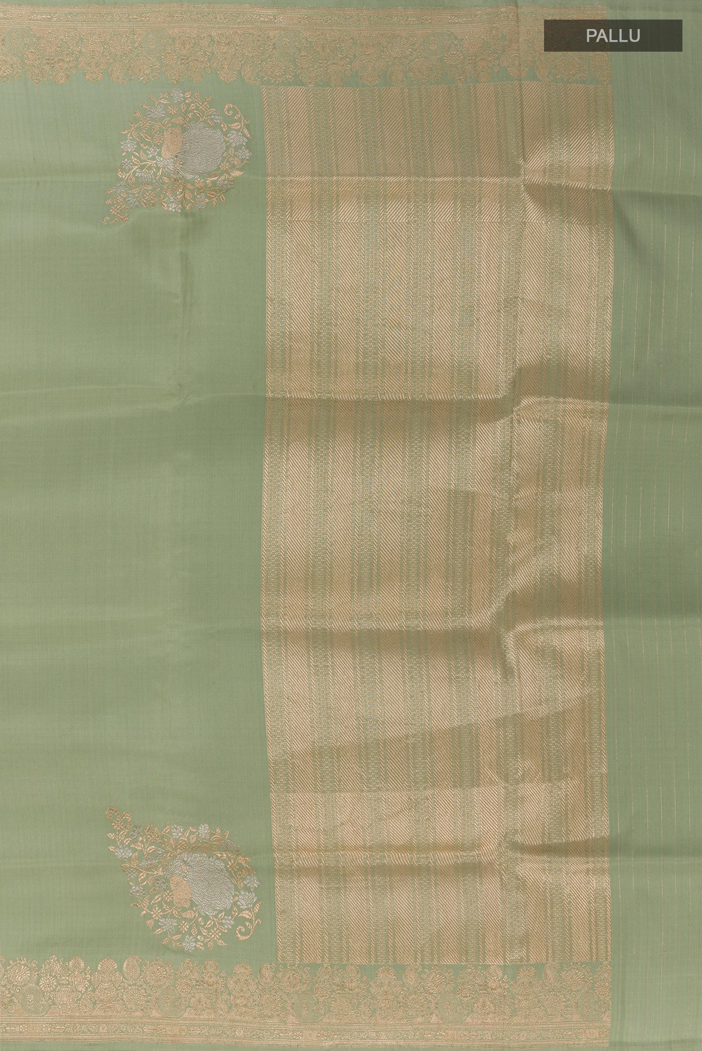 Close up image of the pallu of Sage Green Banarasi Silk Saree with Plain Body and Zari Border. 