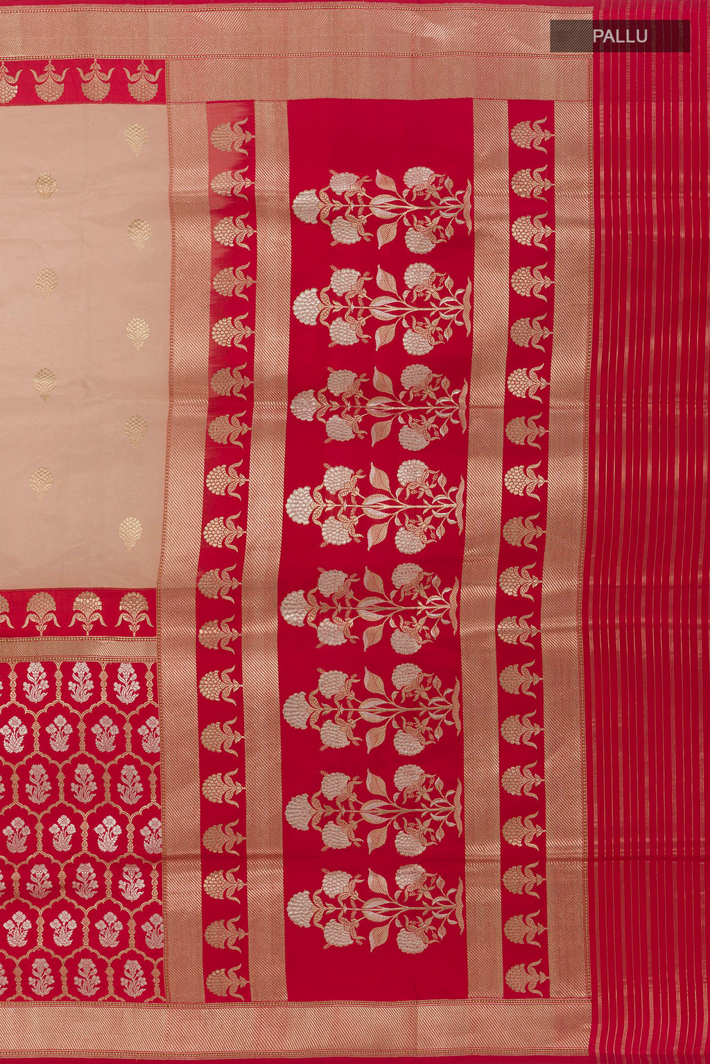 Close up image of the pallu of Beige Banarasi Kora Silk Saree with Zari Butta on the body and Zari Border. 