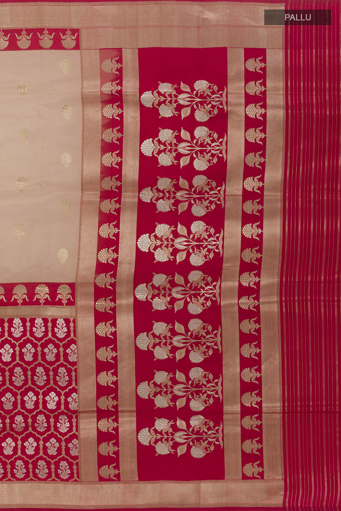 Close up image of the pallu of Beige Banarasi Kora Silk Saree with Zari Butta on the body and Zari Border. 