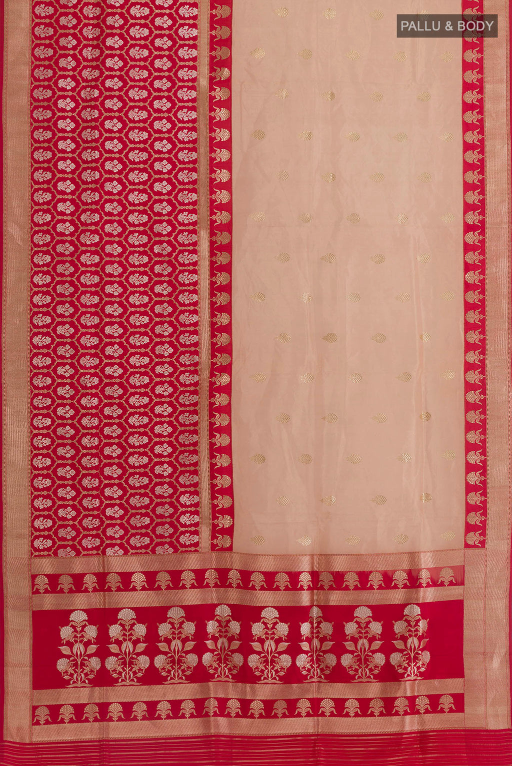 Flat view of Beige Banarasi Kora Silk Saree with Zari Butta on the body and Zari Border. 